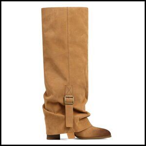 Knee High Boots Fold Over Slouchy Wide Calf Round Toe Buckle Chunky Heel
